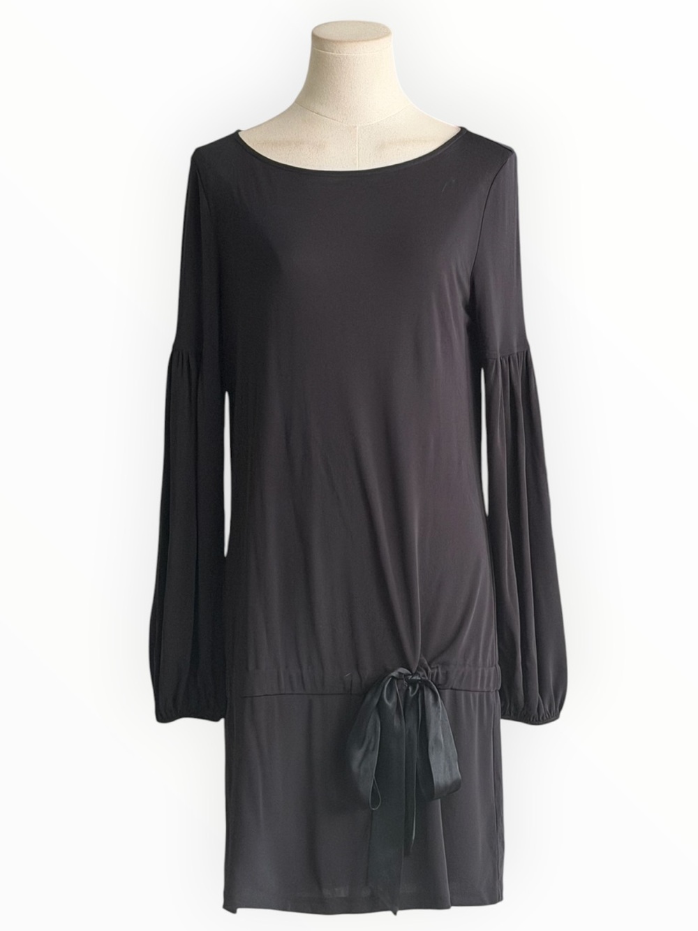DAVID MEISTER 100% Silk Black Dress Drop Waist Balloon Long Sleeves M Designer